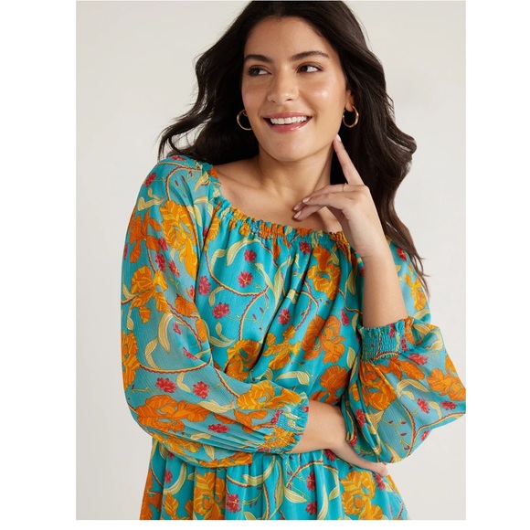 Sofia Women's Off Shoulder Blue Orange Floral Dress Blouson Sleeve Plus Size XXL - Picture 3 of 4